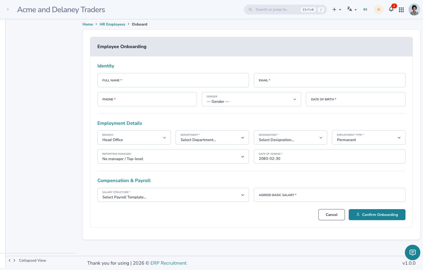 The Onboard Employee form