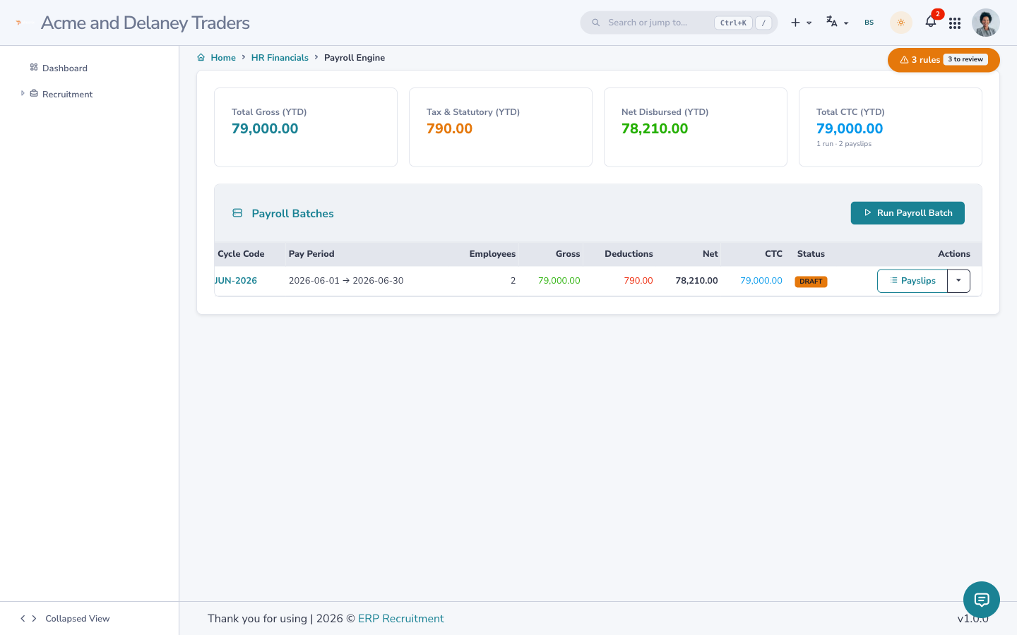 The Payroll Command Center — run a batch, see YTD totals