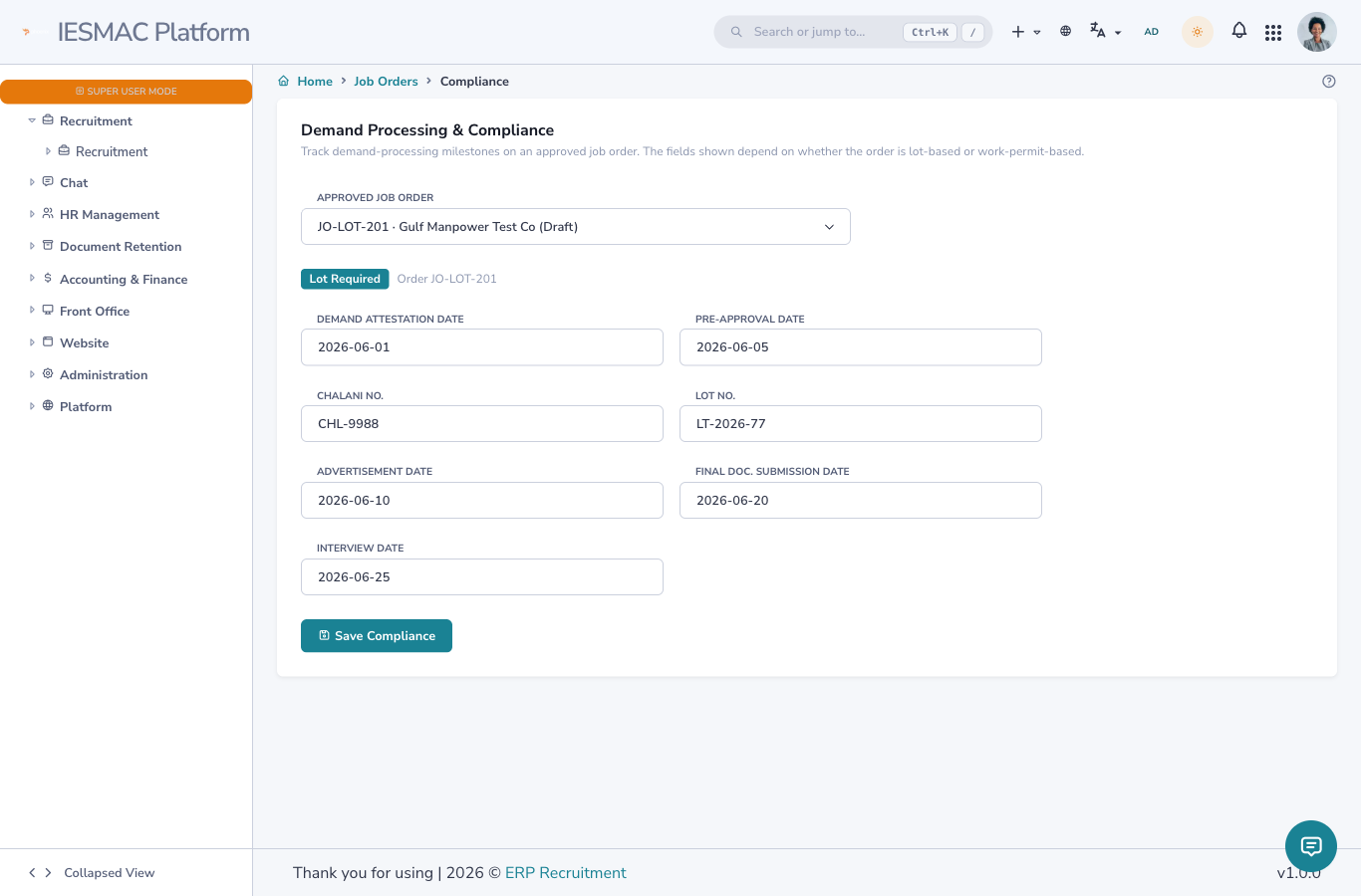 The compliance screen for a lot order