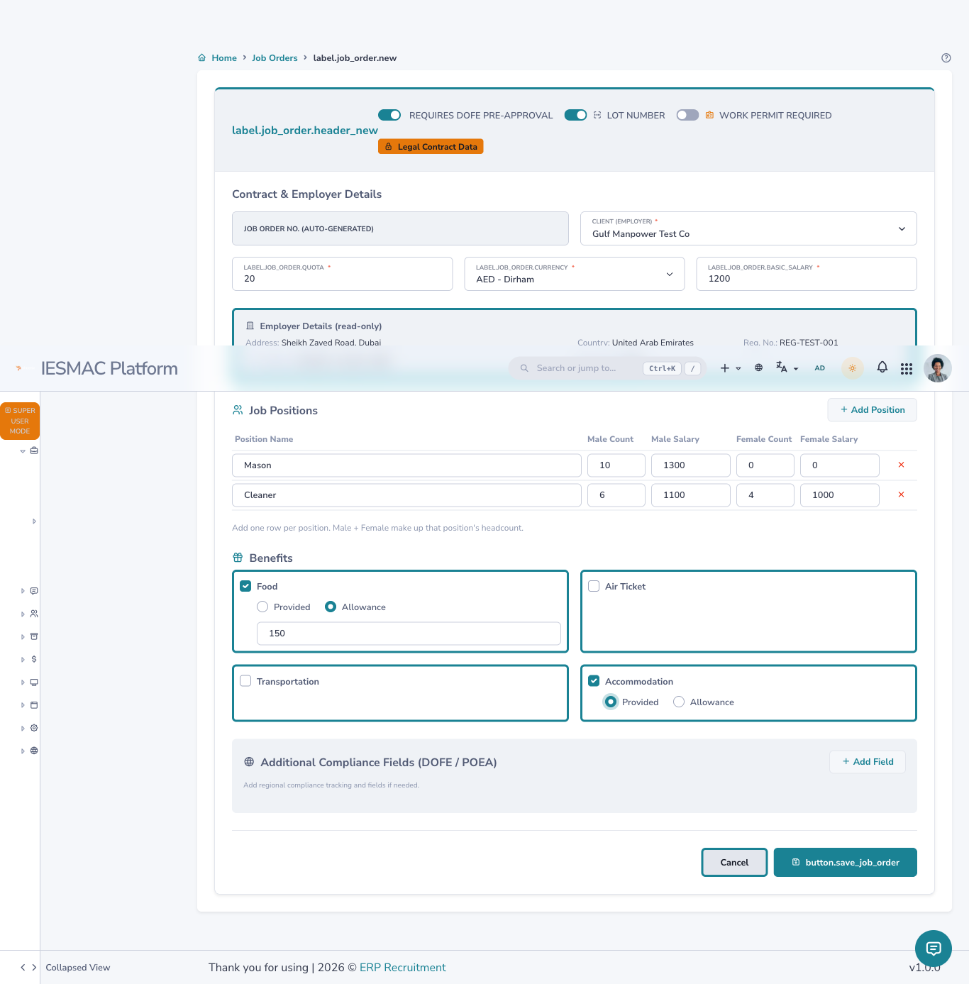 The Create Job Order form, filled in