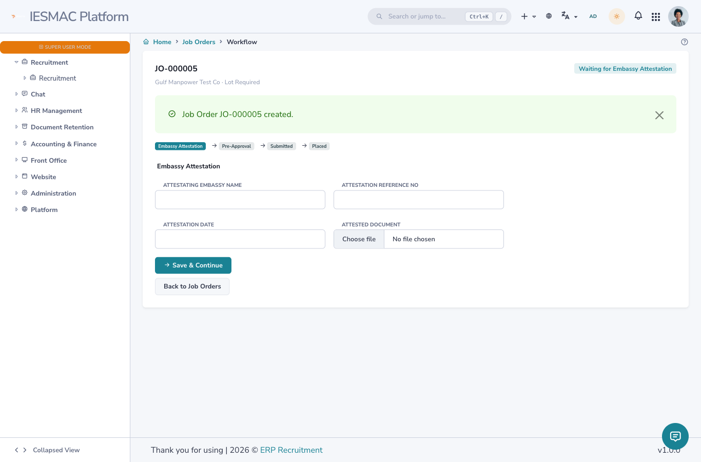 The Job Order workflow page